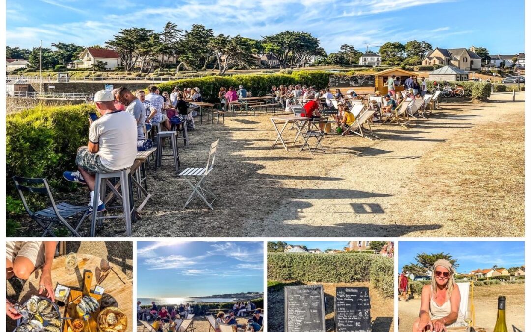 foto's van terras in de zon met gasten om tafeltjes in Frankrijk