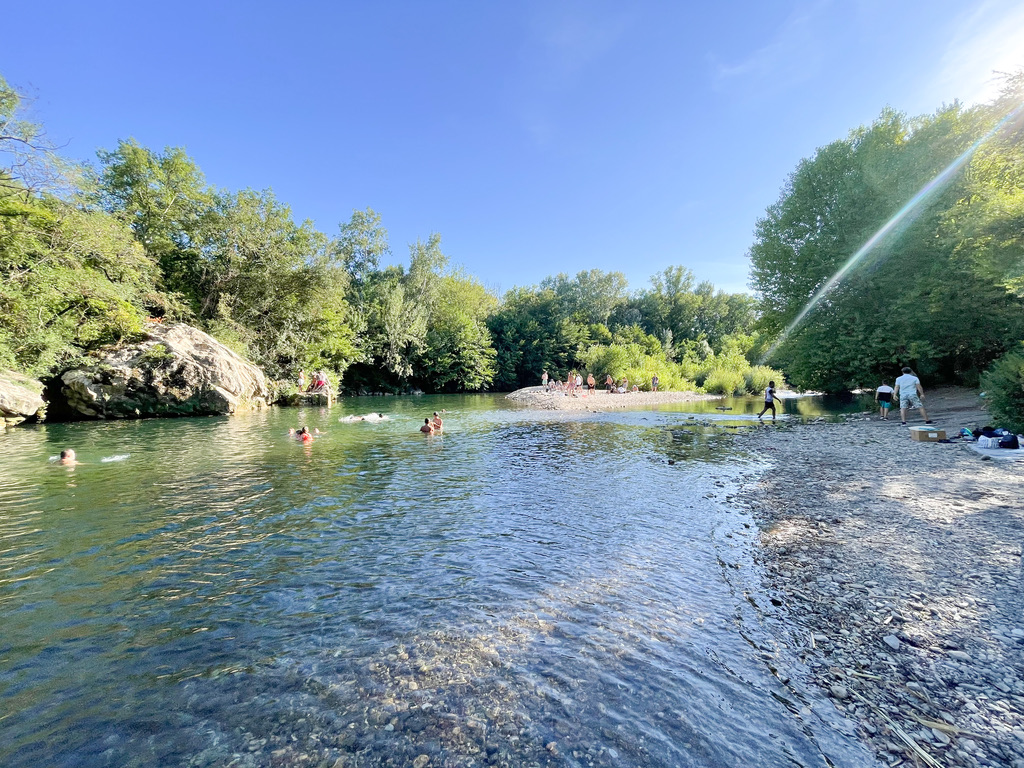 Rivier met links en recht een bomenrij